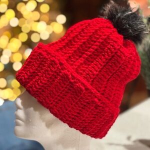 Cozy handmade red knit beanie with pom pom. 
New!  Never worn